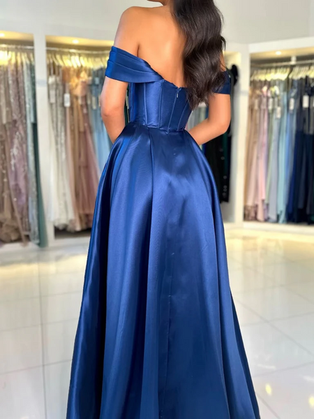 Off the Shoulder Royal Blue Satin Long Prom Dresses, Royal Blue Off Sh
