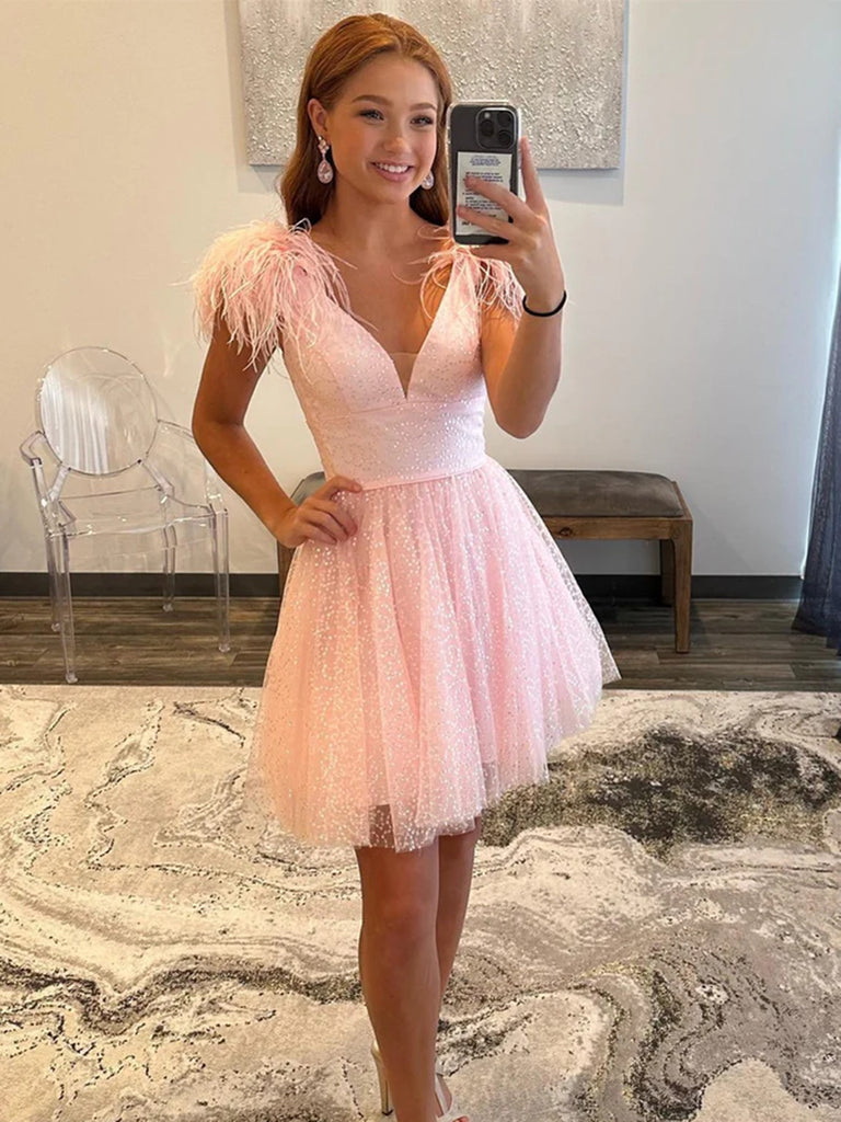 Open Back V Neck Short Pink Prom Dresses With Feathers, Pink Short Formal Graduation Evening Homecoming Dresses