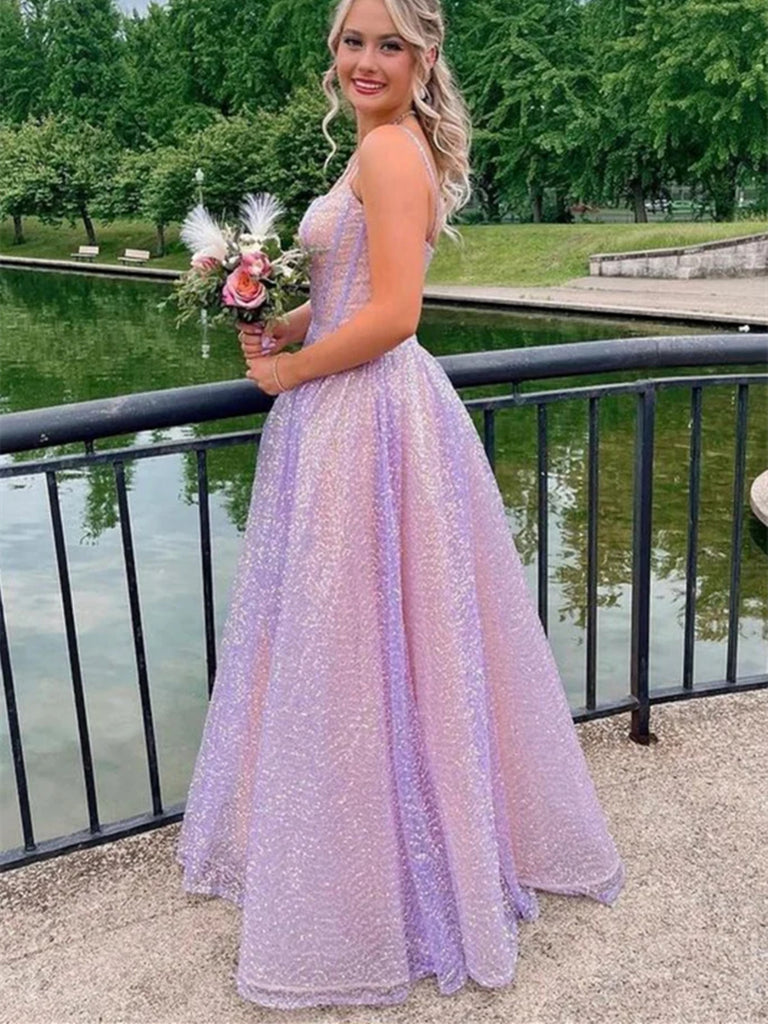 Sequins A Line Spaghetti Straps Pink Long Prom Dresses, Sequins Lilac morievent Sequins A Line Spaghetti Straps Pink Long Prom Dresses, Sequins Lilac morievent