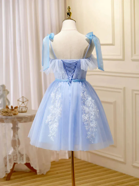 Sweetheart Neck Short Blue Lace Prom Dresses, Short Lace Blue Homecoming Formal Evening Dresses