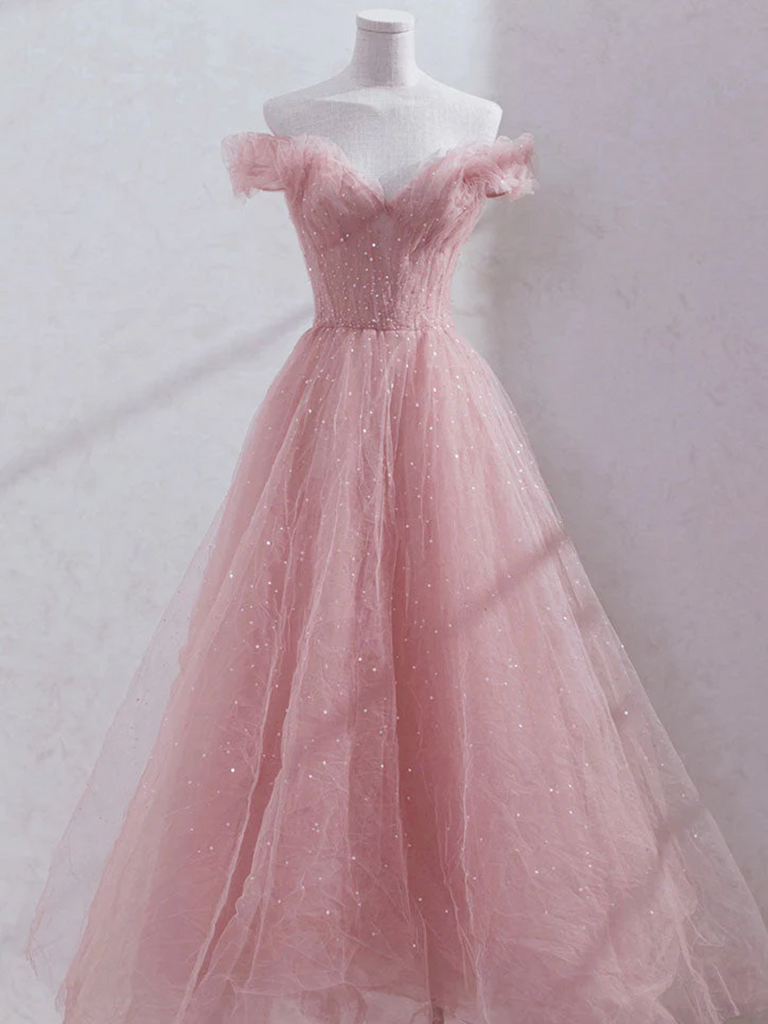 Off Shoulder Sequin Pink Tulle Long Prom Dresses, Pink Off The Shoulder Formal Evening Dresses