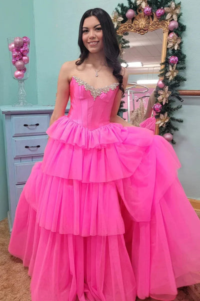 Strapless Beaded Layered Hot Pink Long Prom Dresses with High Slit, Hot Pink Tulle Long Formal Evening Dresses