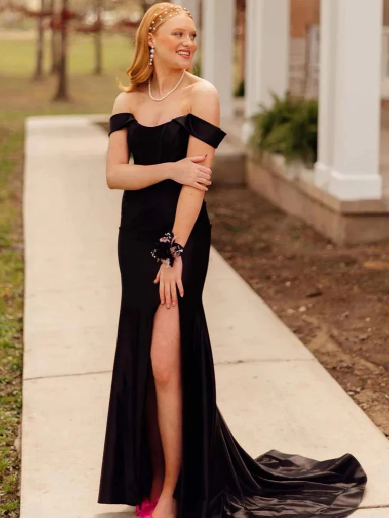 Off the Shoulder Black Satin Long Prom Dresses with High Slit, Off Sho morievent Off the Shoulder Black Satin Long Prom Dresses with High Slit, Off Sho morievent