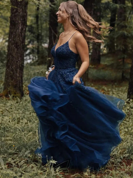 V Neck Navy Blue Lace Long Prom Dresses, Navy Blue Lace Formal  Evening Dresses