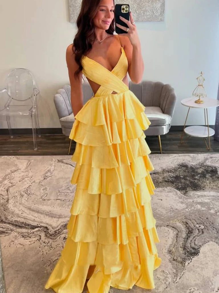 A Line V Neck Yellow Red Open Back Long Prom Dresses, V Neck Red Yello morievent A Line V Neck Yellow Red Open Back Long Prom Dresses, V Neck Red Yello morievent