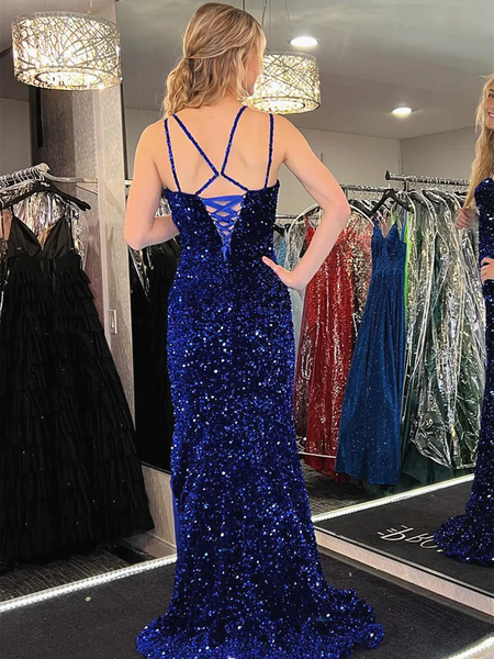 Royal Blue Sequins Mermaid Long Prom Dresses, Royal Blue Mermaid Long Formal Evening Dresses