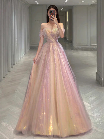 Shiny Sequins Tulle Long Prom Dresses,  Off the Shoulder Tulle Formal Evening Dresses
