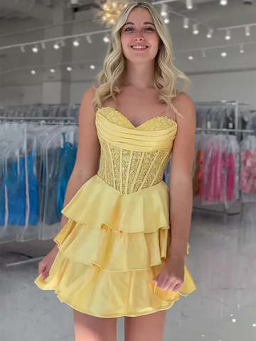 Sweetheart Neck Short Yellow Lace Prom Dresses, Sweetheart Neck Short Yellow Lace Formal Evening Homecoming Dresses
