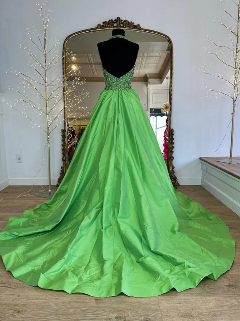 Halter V Neck Backless Beaded Green Long Prom Dresses with Sequins, Gr morievent Halter V Neck Backless Beaded Green Long Prom Dresses with Sequins, Gr morievent