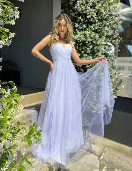 Shiny V Neck Blue Spaghetti Straps Long Prom Dresses, A Line Blue Formal Evening Party Dresses