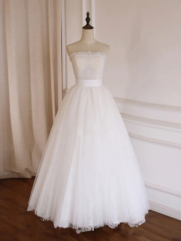 Strapless A Line  White Tulle Long Prom Dresse, A Line Long White Formal  Evening Graduation Dresses