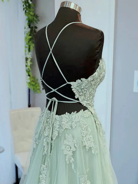 A Line V Neck Open Back Sage Lace Short Prom Dresses, Sage Lace Formal Evening Homecoming Dresses