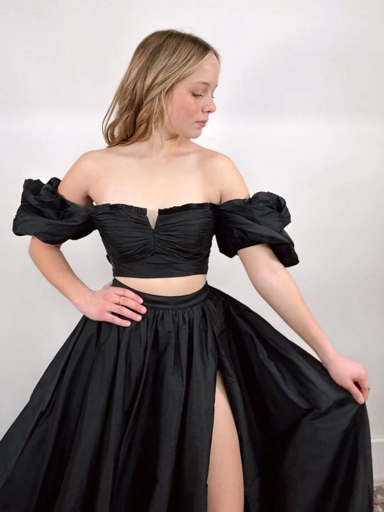 2 Pieces Black Off The Shoulder Black Long Prom Dresses with High Slit morievent 2 Pieces Black Off The Shoulder Black Long Prom Dresses with High Slit morievent