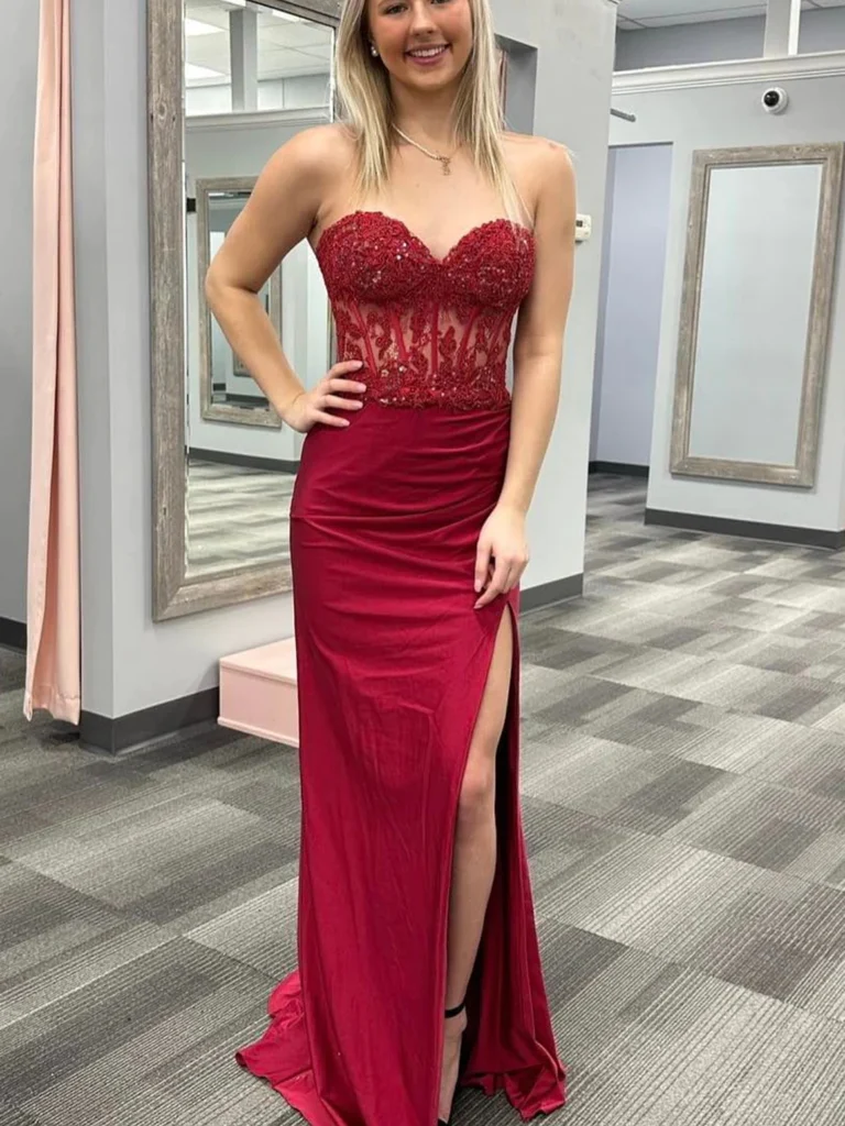 Strapless Mermaid Beaded Burgundy Lace Long Prom Dresses with High Sli morievent Strapless Mermaid Beaded Burgundy Lace Long Prom Dresses with High Sli morievent