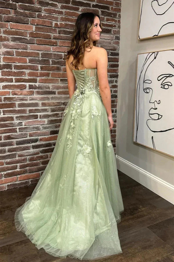 Strapless Sage Green Floral Tulle Long Prom Dresses with Slit, A Line Sage Green Lace Tulle Formal Evening Dresses Strapless Sage Green Floral Tulle Long Prom Dresses with Slit, A Line Sage Green Lace Tulle Formal Evening Dresses