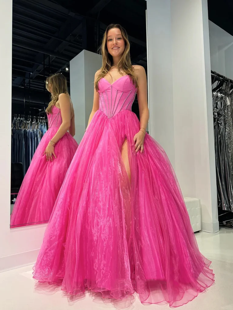 Strapless Hot Pink Tulle Long Prom Dresses with High Slit, A Line Long morievent Strapless Hot Pink Tulle Long Prom Dresses with High Slit, A Line Long morievent