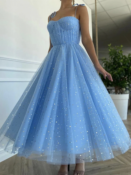 Blue Tea length Tulle Prom Dresses, Spaghetti Straps Blue Tea Length F