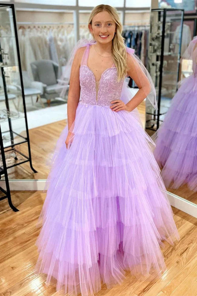 A Line V Neck Layered Lavender Lace Long Prom Dresses Lilac Lace Tull morievent