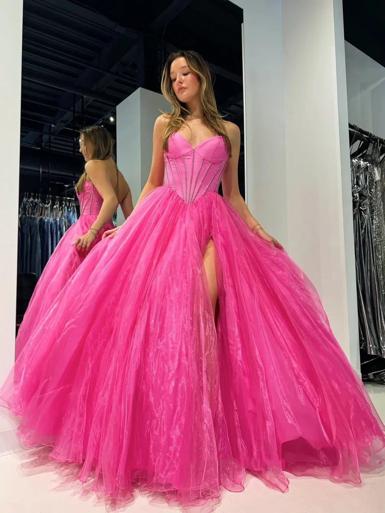 Strapless Hot Pink Tulle Long Prom Dresses with High Slit, A Line Long morievent Strapless Hot Pink Tulle Long Prom Dresses with High Slit, A Line Long morievent