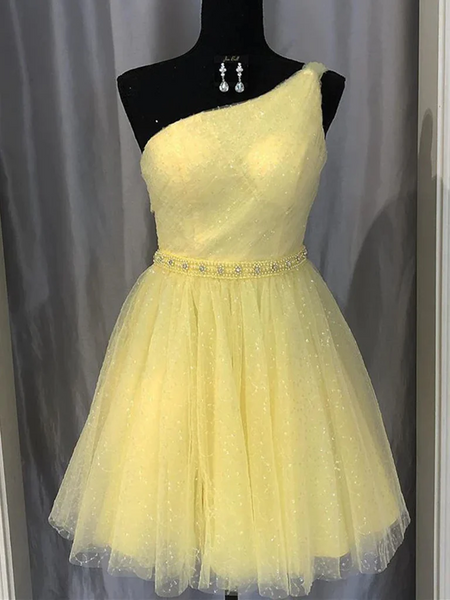One Shoulder Yellow Blue Tulle Prom Dresses, One Shoulder Short Formal Evening Homecoming Dresses