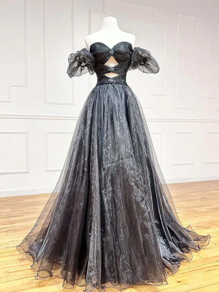Off The Shoulder Black Tulle Long Prom Dresses , A Line Beading Black Formal Evening Dresses