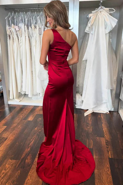 One Shoulder Mermaid Burgundy Satin Long Prom Dresses with High Slit, Mermaid Burgundy Formal Evening Dresses