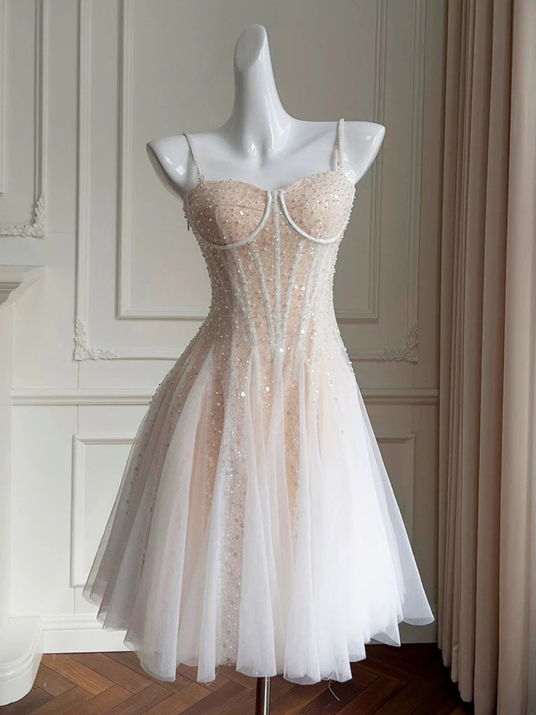 A Line Sweetheart Neck Sequin Champagne Short Tulle Prom Dresses, Cute morievent A Line Sweetheart Neck Sequin Champagne Short Tulle Prom Dresses, Cute morievent