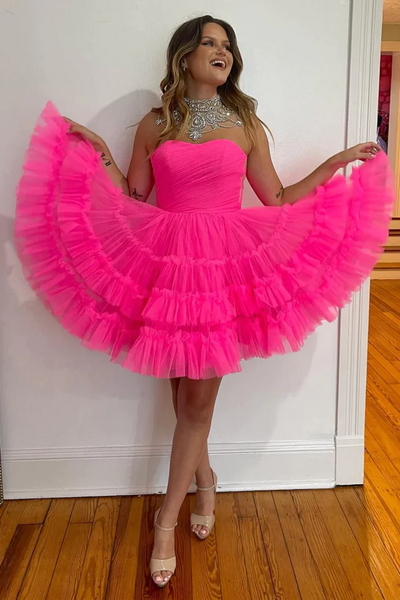 Strapless Hot Pink Tulle Short Prom Dresses, Strapless Hot Pink Tulle Short  Formal Graduation Evening Homecoming Dresses