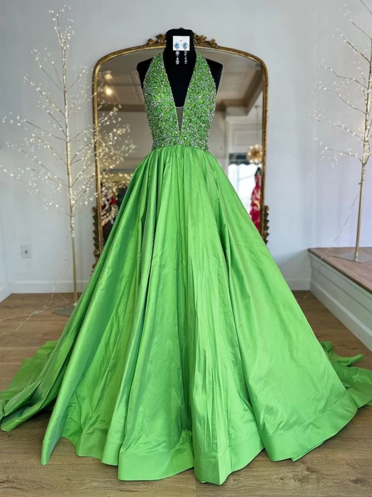Halter V Neck Backless Beaded Green Long Prom Dresses with Sequins, Gr morievent Halter V Neck Backless Beaded Green Long Prom Dresses with Sequins, Gr morievent