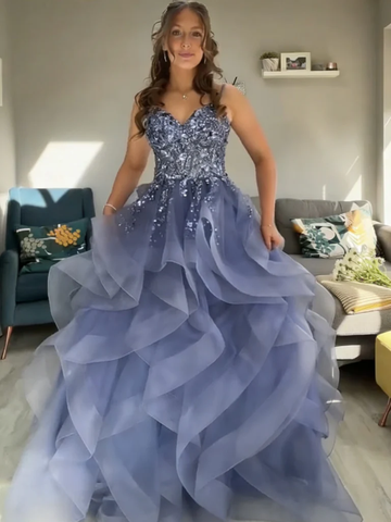 V Neck Blue Beaded Puffy Long Prom Dresses,  Blue Puffy V Neck Long Formal Evening Dresses