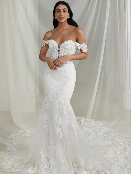 Off the Shoulder Mermaid White Lace Long Prom Dresses, Mermaid White Wedding Dresses, White Lace Formal Evening Dresses