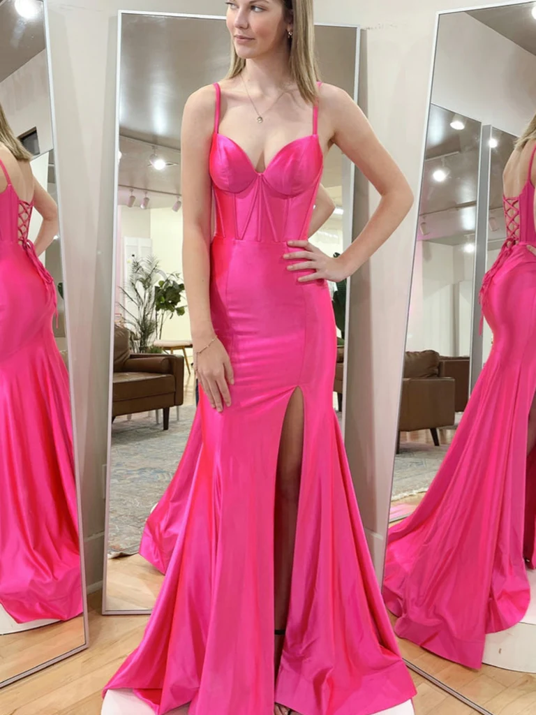 Mermaid Hot Pink Satin Long Prom Dresses with High Slit, Hot Pink Mermaid Formal Graduation Evening Dresses