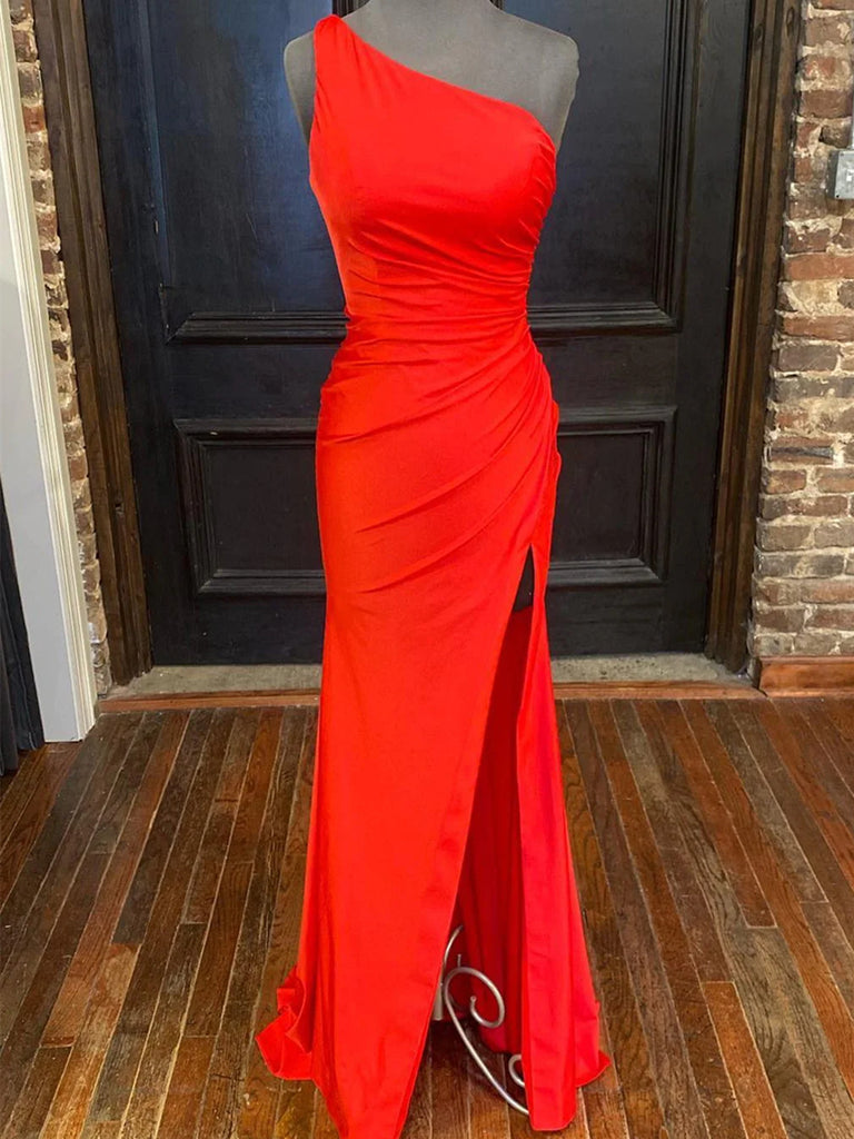 One Shoulder Red /Black Mermaid Long Prom Dresses with High Slit, Red morievent One Shoulder Red /Black Mermaid Long Prom Dresses with High Slit, Red morievent