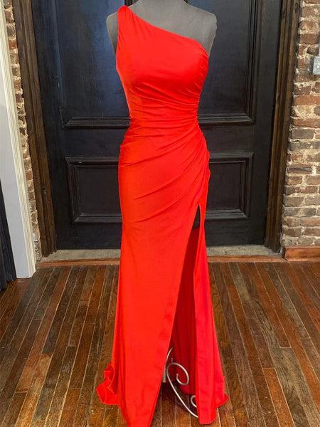 One Shoulder Red /Black Mermaid Long Prom Dresses with High Slit, Red /Black Mermaid Formal Evening Dresses