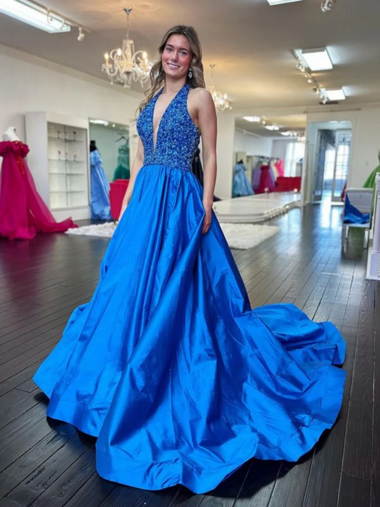 Halter V Neck Backless Blue Long Prom Dresses, V Neck Open Back Blue F morievent Halter V Neck Backless Blue Long Prom Dresses, V Neck Open Back Blue F morievent