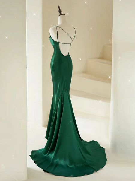 V Neck Mermaid Satin Green Long Prom Dresses, Green Mermaid Long Formal Evening Dresses