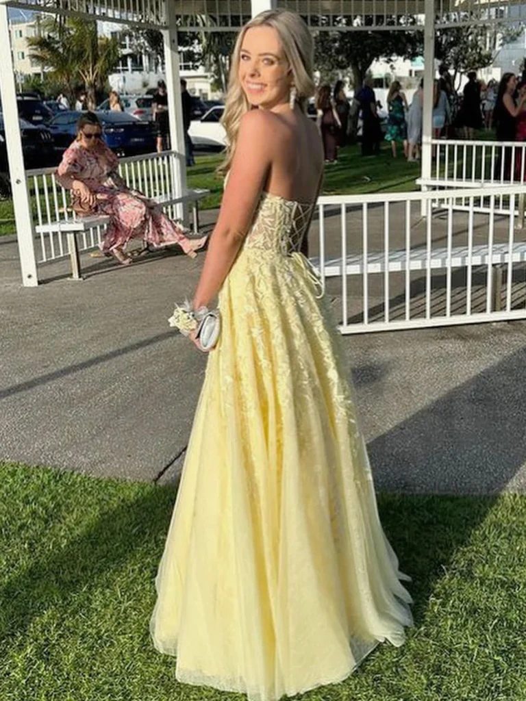 Cute A Line Sweetheart Neck Yellow Lace Prom Dresses, Sweetheart Neck morievent Cute A Line Sweetheart Neck Yellow Lace Prom Dresses, Sweetheart Neck morievent