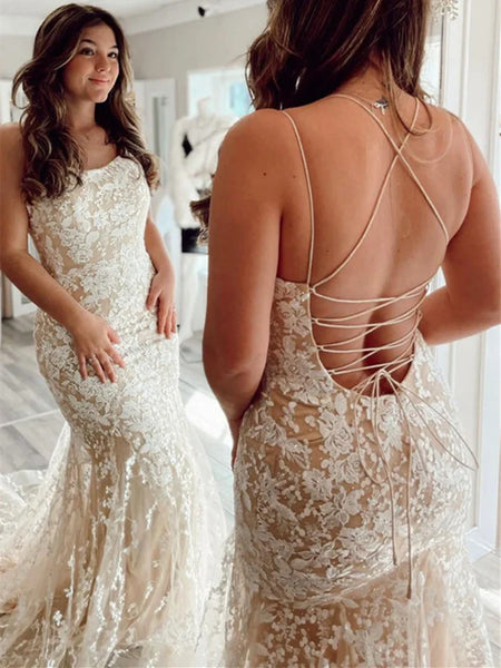 Champagne Backless Mermaid Lace Long Prom Dresses, Mermaid Champagne Lace Long Evening Dresses