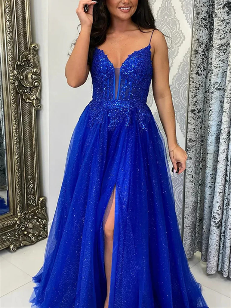A Line V Neck Backless Royal Blue Lace Long Prom Dresses with High Sli morievent A Line V Neck Backless Royal Blue Lace Long Prom Dresses with High Sli morievent