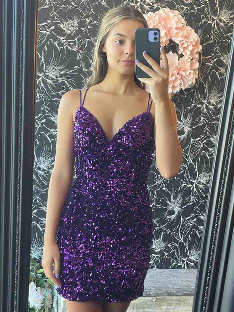 Shiny Backless V Neck Black Purple Short Sequins Prom Dresses, Shiny V morievent Shiny Backless V Neck Black Purple Short Sequins Prom Dresses, Shiny V morievent