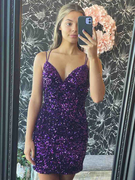 Shiny Backless V Neck Black Purple Short Sequins Prom Dresses, Shiny V Neck Black Purple Short Sequins Formal Evening Dresses