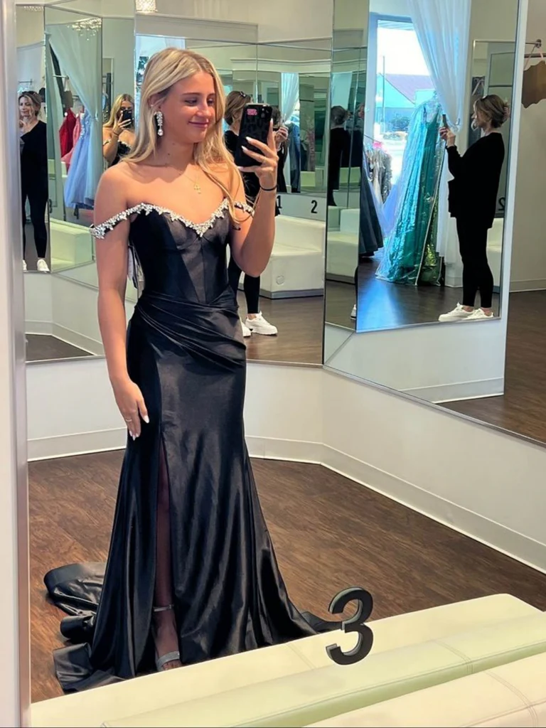 Off the Shoulder Mermaid Beaded Black Satin Long Prom Dresses with Sid morievent Off the Shoulder Mermaid Beaded Black Satin Long Prom Dresses with Sid morievent