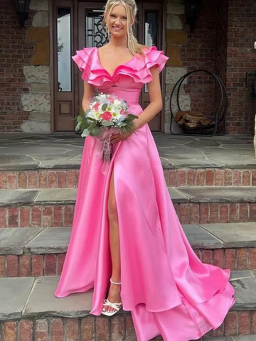 Hot Pink Cap Sleeves Satin Long Prom Dresses with High Slit, Hot Pink Satin Long Formal  Evening Graduation Dresses