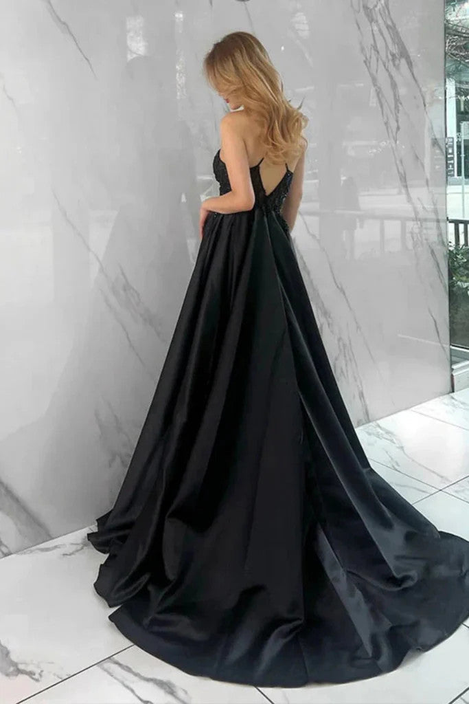 A Line Open Back Beaded Black Long Prom Dresses With High Slit, Long B morievent A Line Open Back Beaded Black Long Prom Dresses With High Slit, Long B morievent