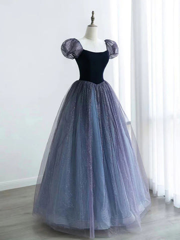 A Line Purple Velvet Tulle Long Prom Dresses, Long  Purple Tulle Formal Evening Dresses