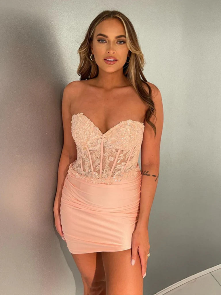 short strapless pink prom dresses short strapless dresses for prom Sweetheart Neck Strapless Pink Sequins Short Prom Dress, Pink Tulle Homecoming Dress, Pink Formal Evening Dress A1674