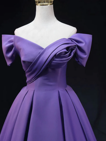 Off Shoulder Purple Satin Long Prom Dresses, Off the Shoulder Purple Satin Long Formal Evening Dresses