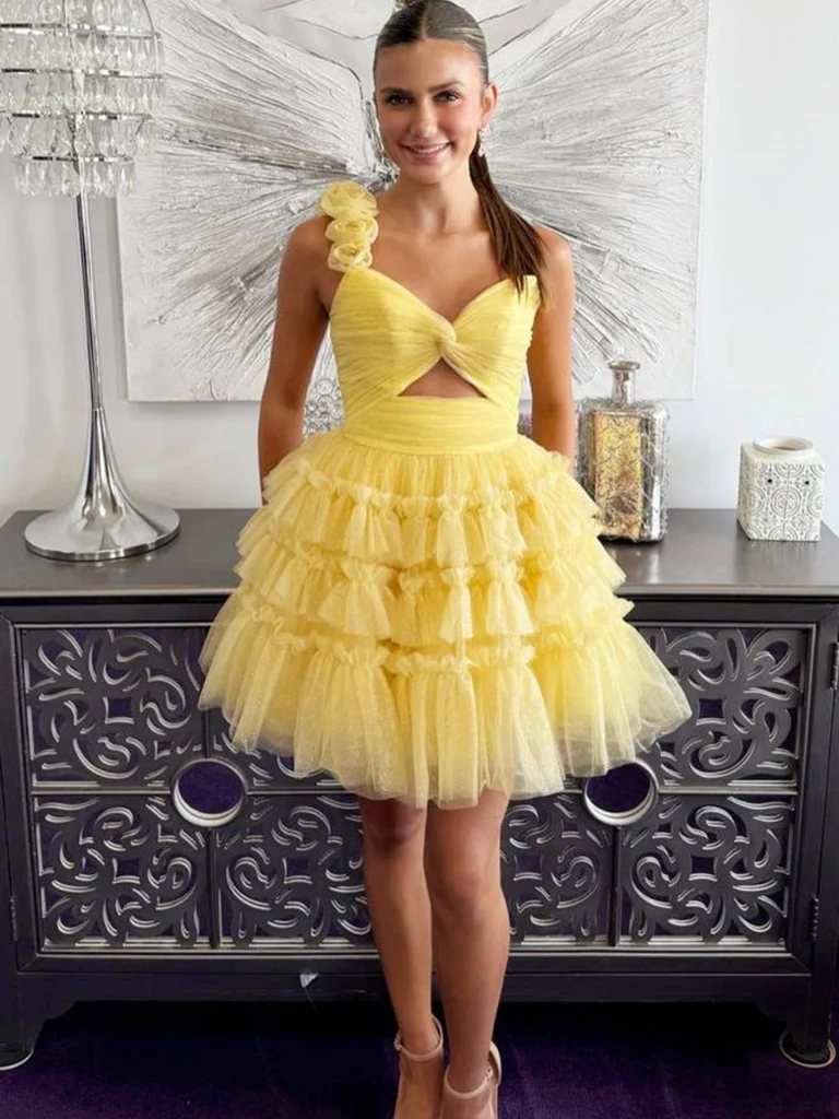 Princess One Shoulder Yellow Tulle Short Prom Dresses with Flowers, Sh morievent Princess One Shoulder Yellow Tulle Short Prom Dresses with Flowers, Sh morievent
