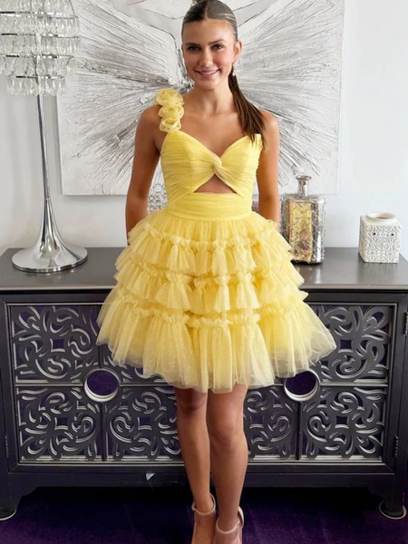 Princess One Shoulder Yellow Tulle Short Prom Dresses with Flowers, Short One Shoulder Yellow Formal Evening Homecoming Dresses