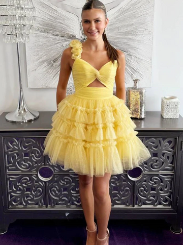 Princess One Shoulder Yellow Tulle Short Prom Dresses with Flowers, Short One Shoulder Yellow Formal Evening Homecoming Dresses